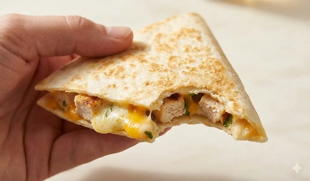 Chicken ranch quesadillas sliced on a plate with melted cheese and tender chicken inside