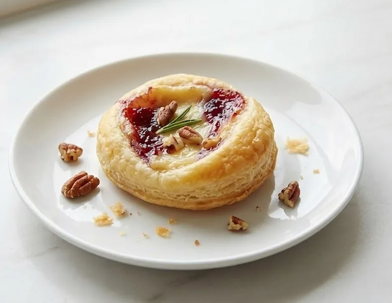 Cranberry brie bite on a white plate made with flaky puff pastry, melted brie cheese, cranberry sauce, pecans, and rosemary garnish