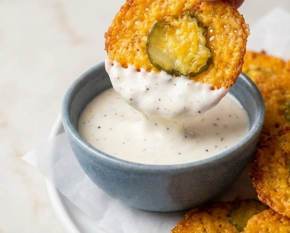 Crispy pickle cheese bite dipped in creamy ranch dressing close up