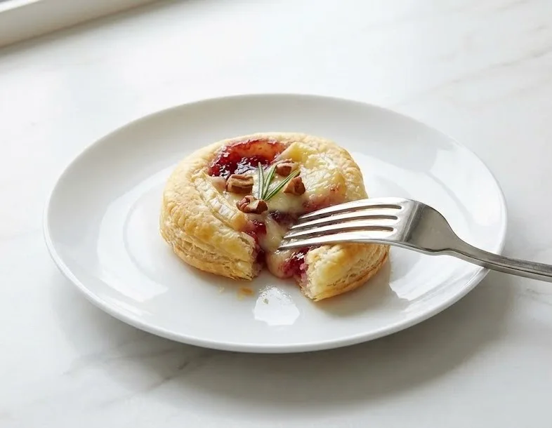 Cut cranberry brie bite on a white plate showing melted brie cheese, cranberry sauce, flaky puff pastry, and rosemary garnish