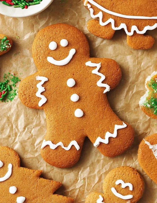 Decorated gingerbread cookies with white icing and festive sprinkles on parchment paper