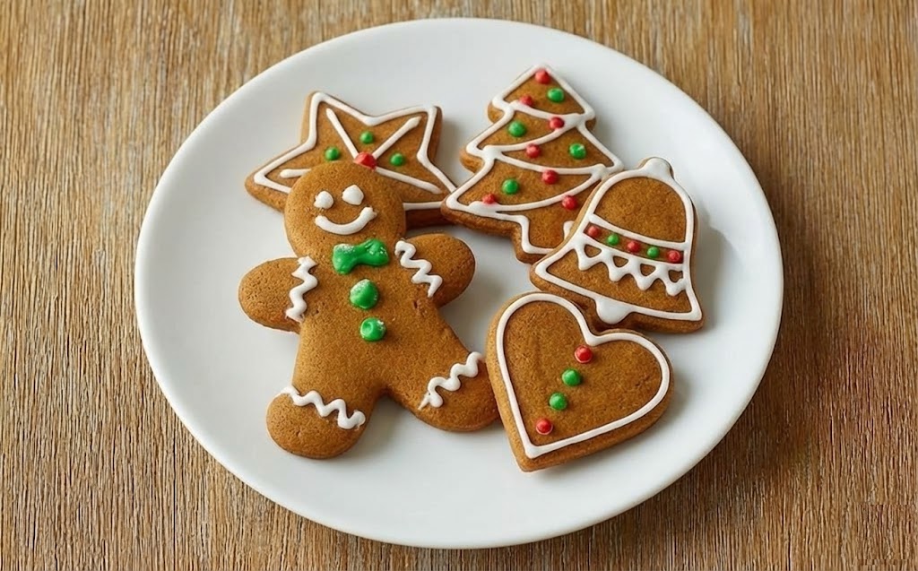 Decorated gingerbread cookies with icing and sprinkles on a white plate
