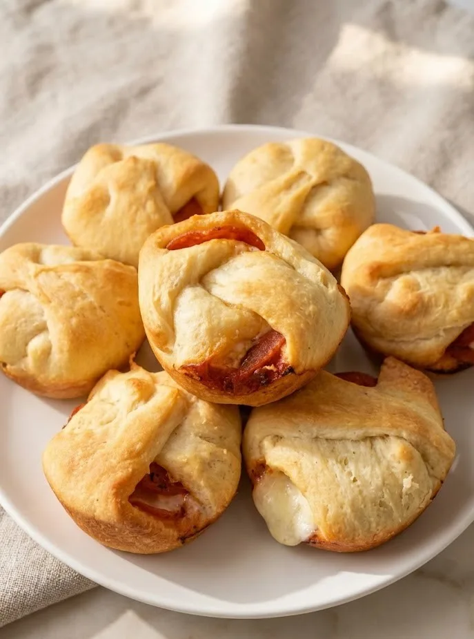 Golden baked pepperoni pizza bombs filled with melted mozzarella and pepperoni, arranged on a white plate