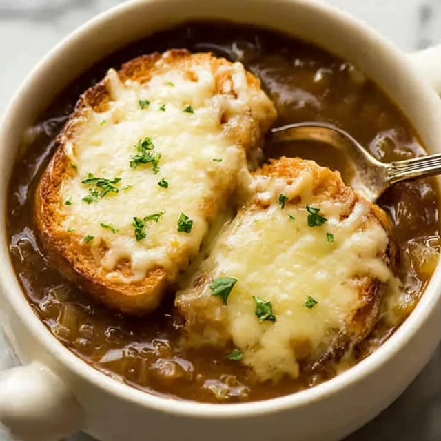 Classic French onion soup topped with melted Gruyère cheese and toasted bread in a white bowl