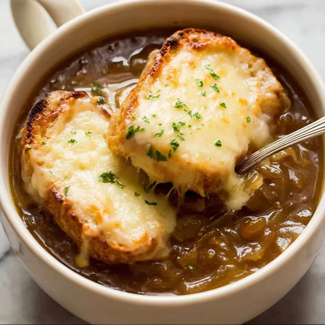 Close-up of French onion soup with caramelized onions, toasted baguette, and melted Gruyère cheese