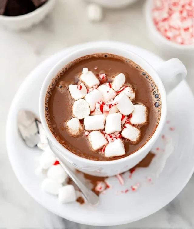 homemade hot chocolate recipe topped with mini marshmallows and crushed peppermint in a white mug