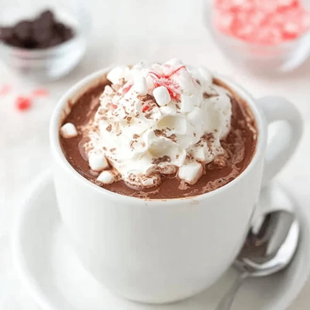 Homemade hot chocolate topped with whipped cream, mini marshmallows, and chocolate shavings in a white mug