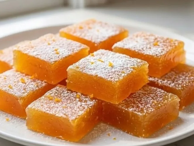 Homemade orange candy squares stacked neatly on a plate, dusted with powdered sugar and showing a chewy translucent citrus texture