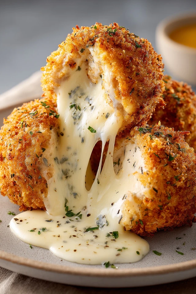 Melted mozzarella and ranch chicken bombs cut open with gooey cheese pulling out and crispy golden coating on a plate