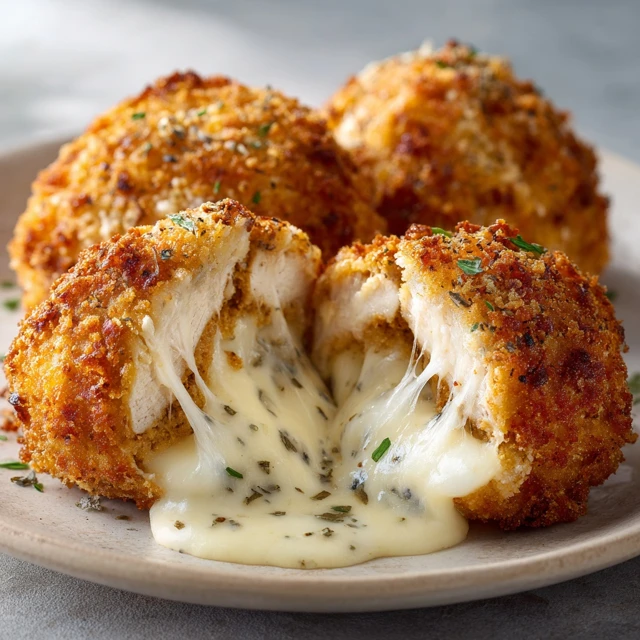 Melted mozzarella and ranch chicken bombs with crispy golden coating and gooey cheese center served on a plate