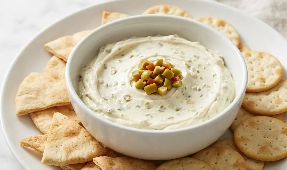 Creamy olive dip with cream cheese served in a white bowl surrounded by crackers