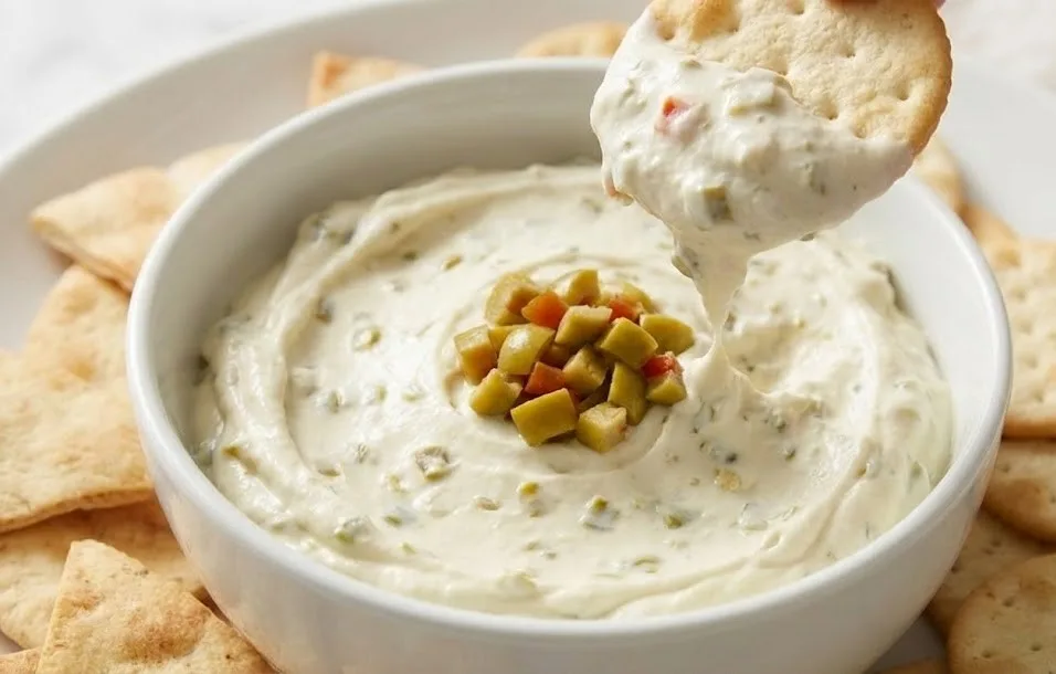 Cracker dipped into creamy olive dip with cream cheese in a white bowl