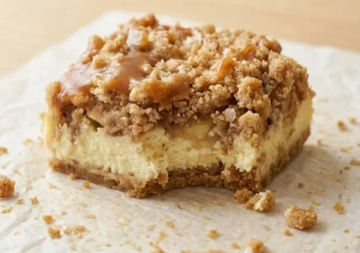 Salted caramel apple cheesecake crunch bar with creamy cheesecake filling, cinnamon apple crumble topping, and caramel drizzle on parchment paper