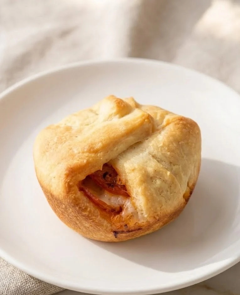 Single pepperoni pizza bomb baked until golden with melted mozzarella and pepperoni visible, served on a white plate