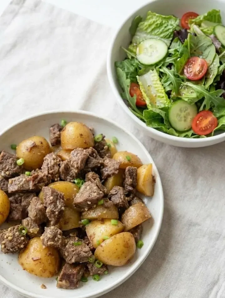 Slow Cooker Garlic Butter Beef with Potatoes served in a bowl