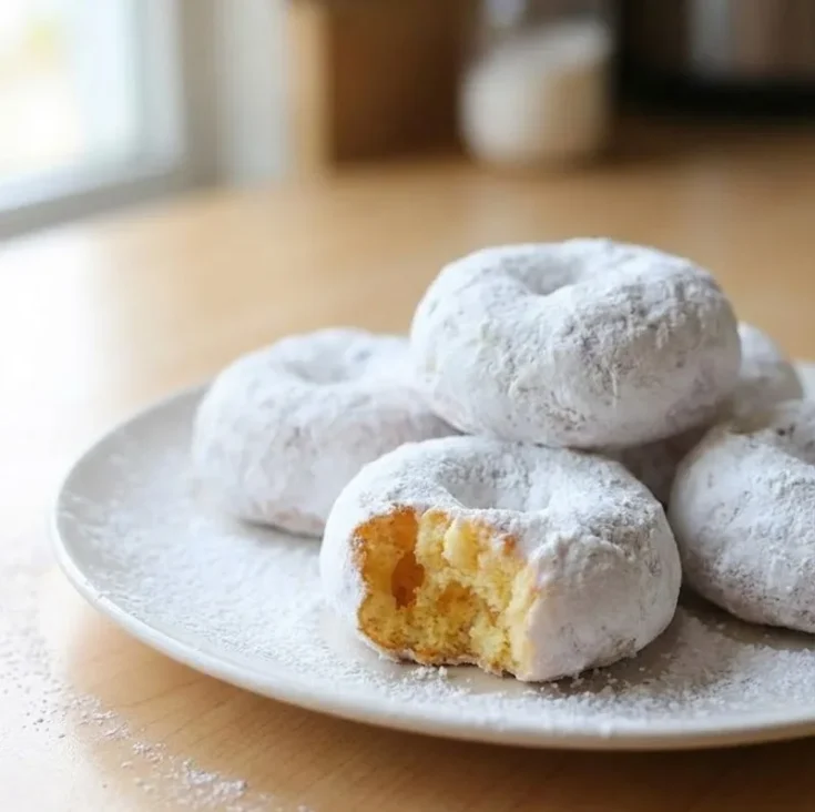 Snowball donuts coated in powdered sugar on a plate with one donut bitten to show soft inside