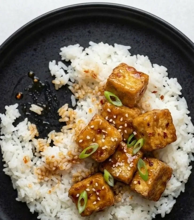 Sticky vegan honey garlic tofu cubes served over rice with sesame seeds and green onions
