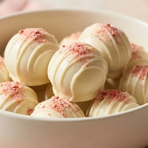 Strawberry cheesecake truffles coated in white chocolate and topped with crushed freeze-dried strawberries