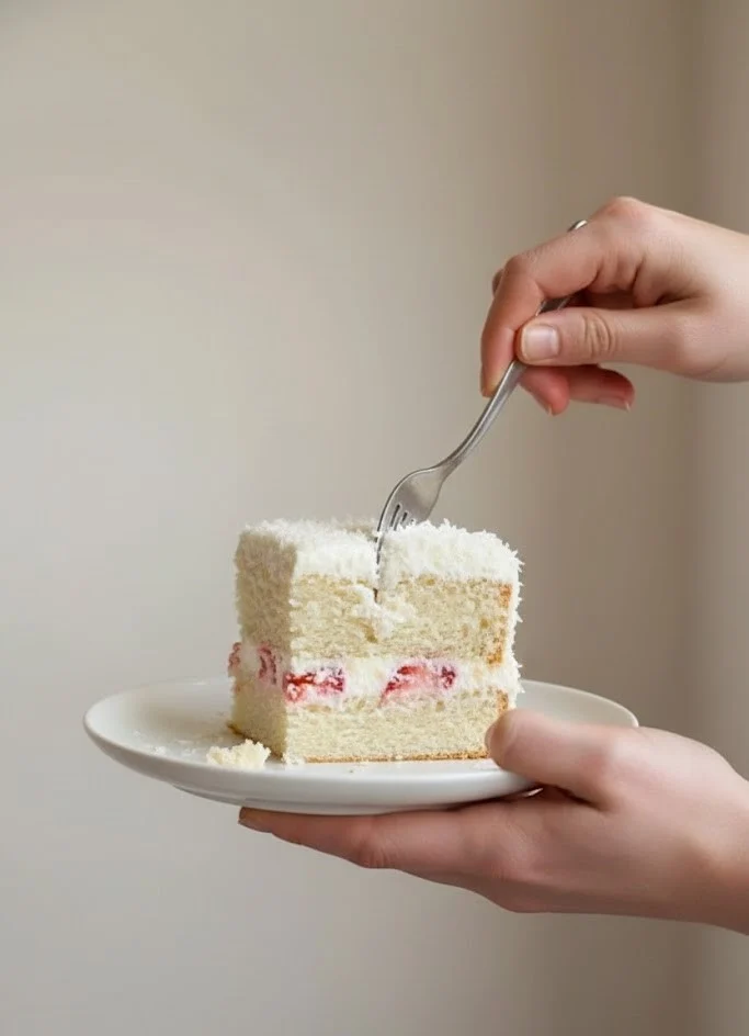 Slice of strawberry coconut sponge cake on a plate being cut with a fork, showing soft coconut layers and strawberry filling