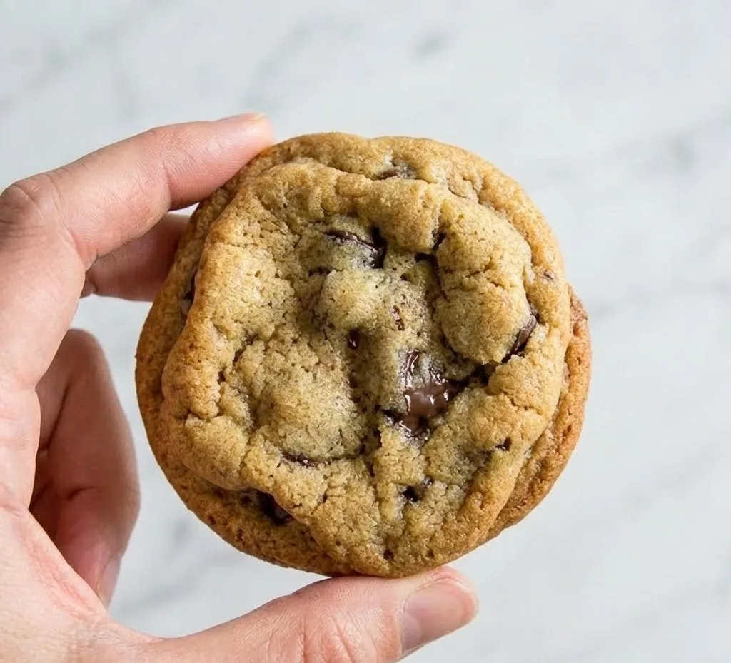 Sugar free chocolate chip cookie held between fingers, soft baked cookie with melted chocolate chips