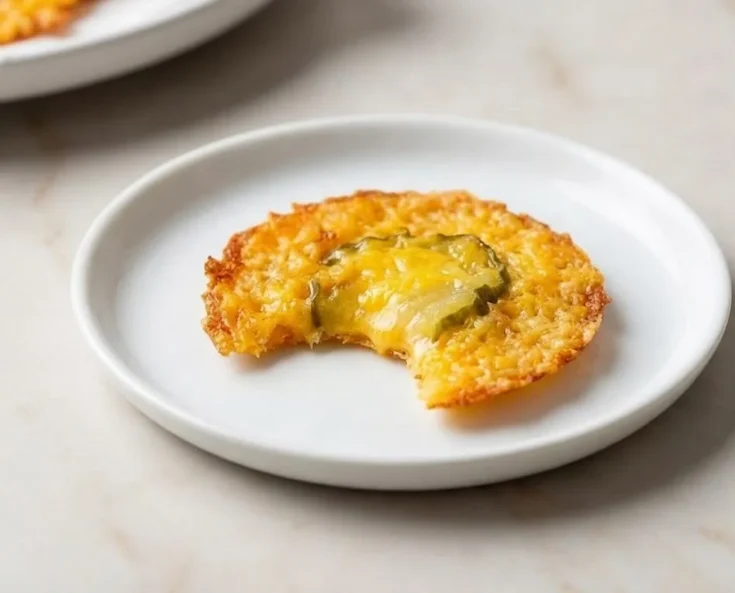 Overhead view of crispy pickle cheese bites stacked on a white plate with dipping sauce