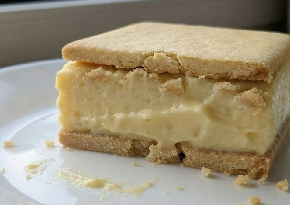 Vanilla custard cream squares with a soft biscuit layer and creamy custard center, showing a bitten edge on a white plate