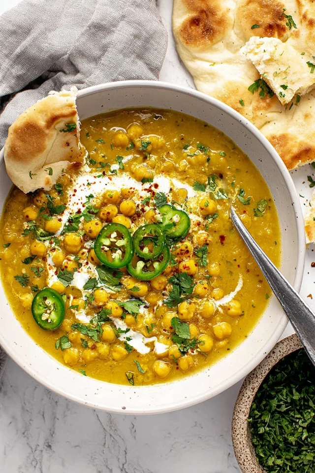 Vegan curry lentil and chickpea soup topped with coconut milk and served with flatbread