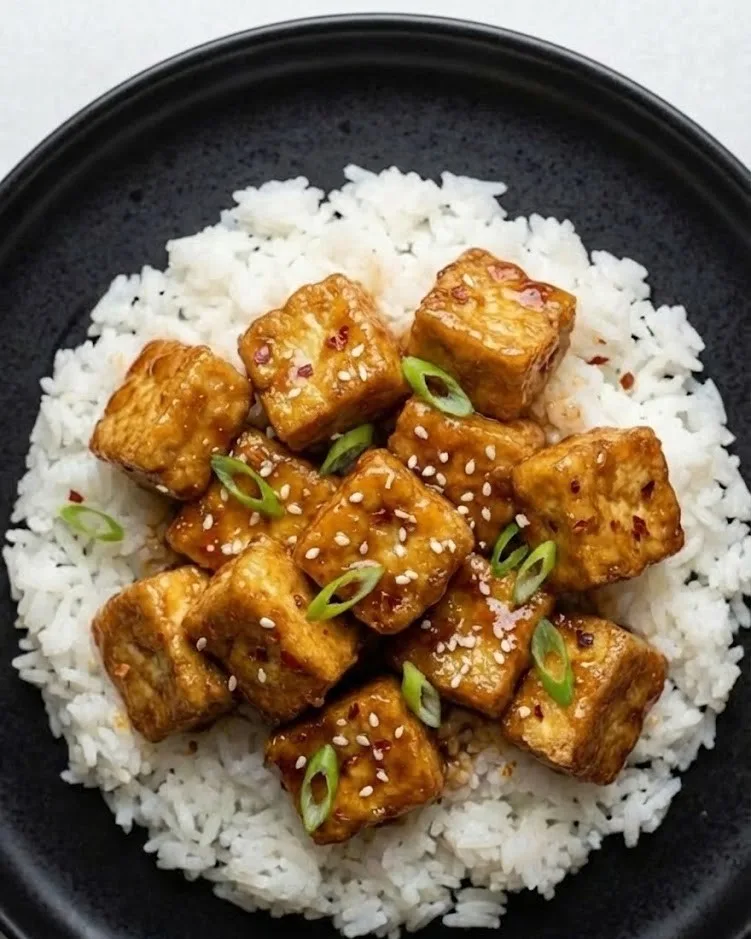 Vegan honey garlic tofu cubes served on white rice with sesame seeds and sliced green onions
