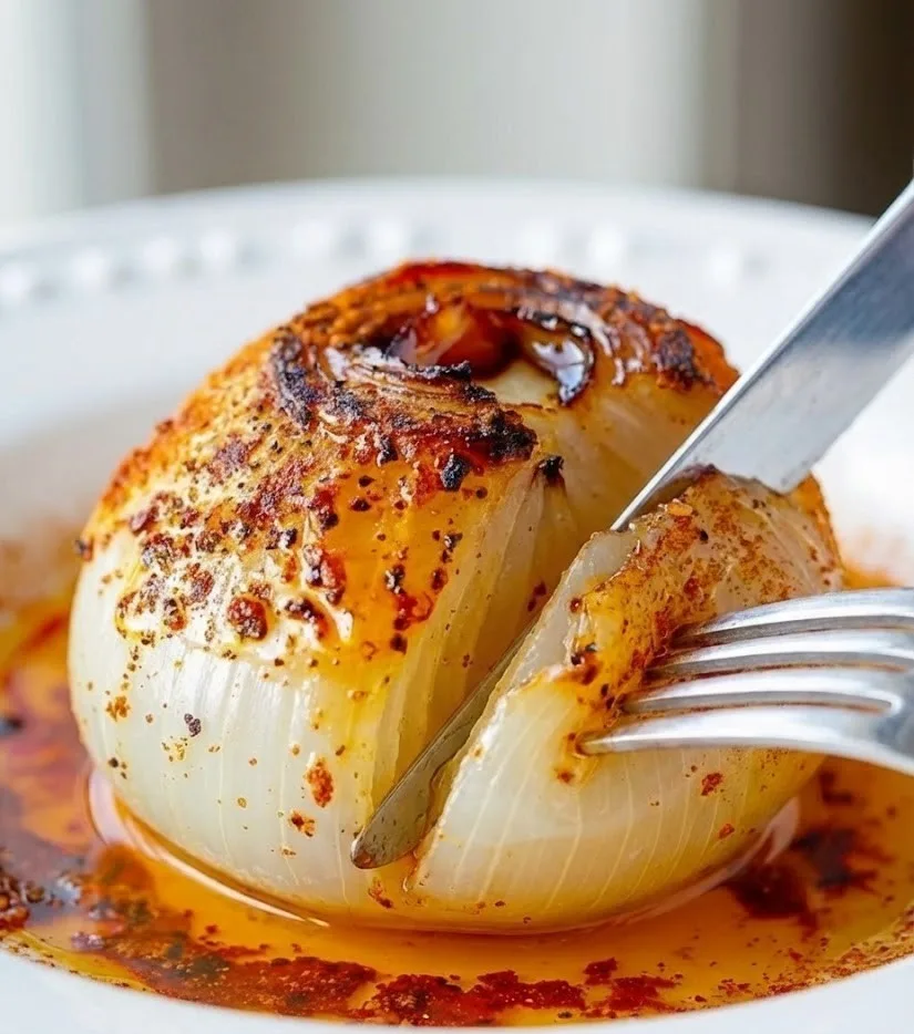 Baked onion boil recipe cut open with fork showing tender roasted layers and paprika butter oil