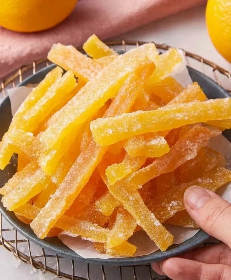 Close-up of homemade candied orange peel strips coated in sugar in a ceramic bowl, hand holding the bowl on marble surface