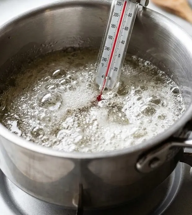 Candy thermometer measuring boiling sugar syrup at 240 degrees for homemade marshmallows