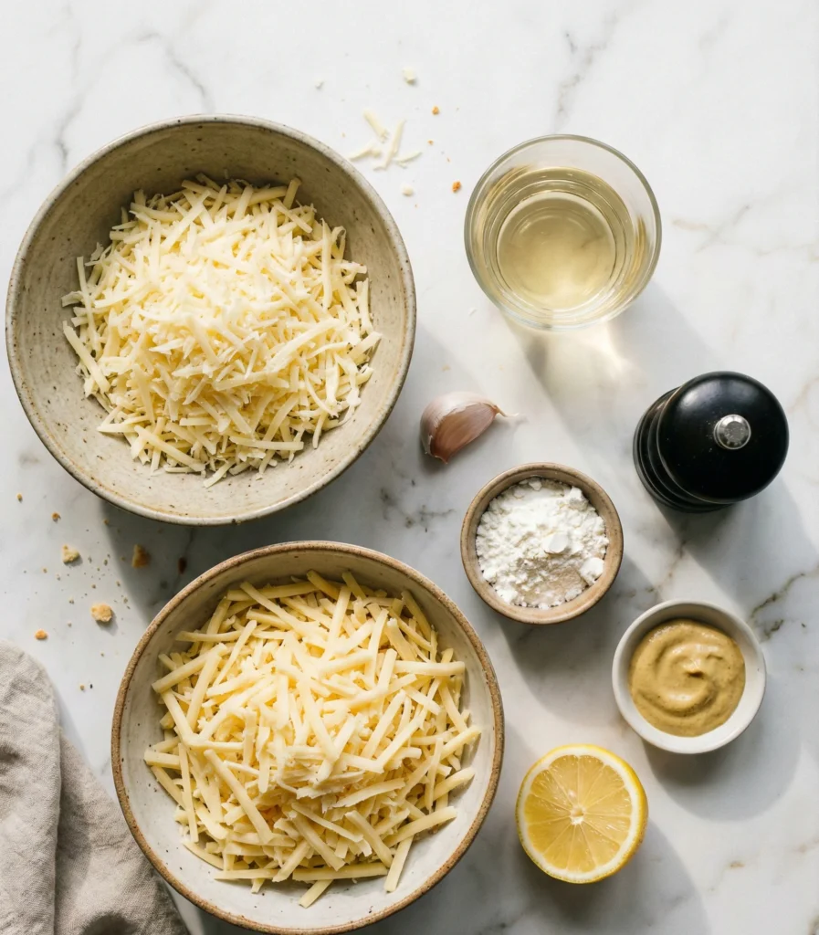 Fondue Recipe ingredients including grated cheese, white wine, garlic, cornstarch, mustard, and lemon on a marble surface