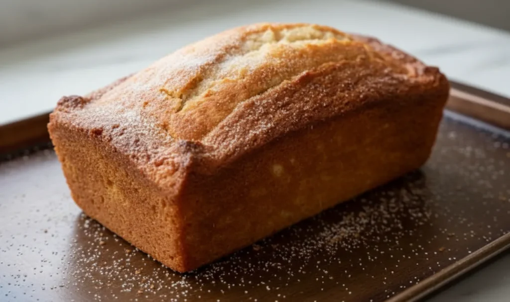 Cinnamon sugar donut bread loaf baked until golden and resting on a baking tray