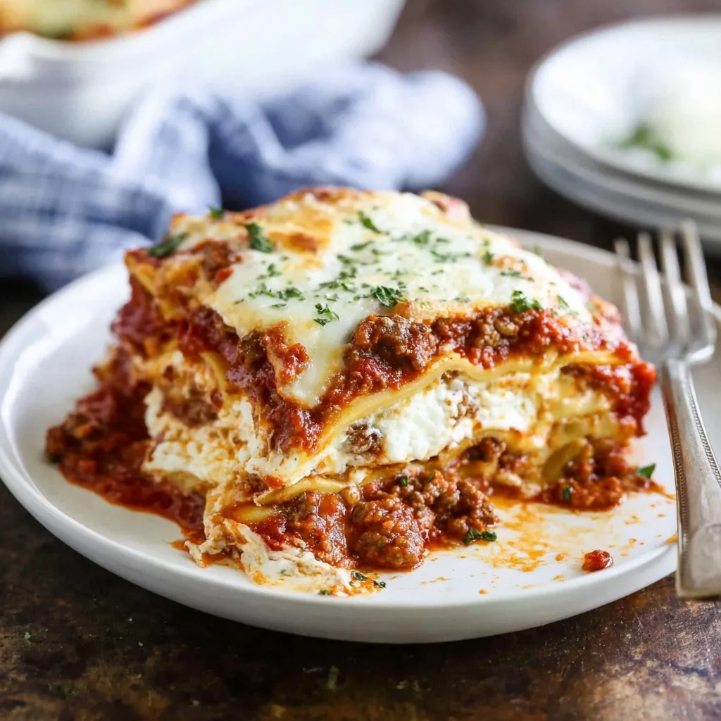 Classic lasagna recipe slice with rich meat sauce, creamy ricotta layers, and melted mozzarella on white plate