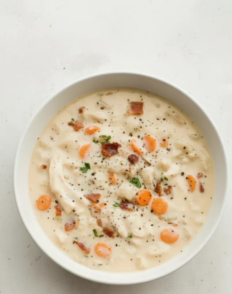 Creamy crack chicken and rice soup with shredded chicken, carrots, bacon, and pepper in a white bowl