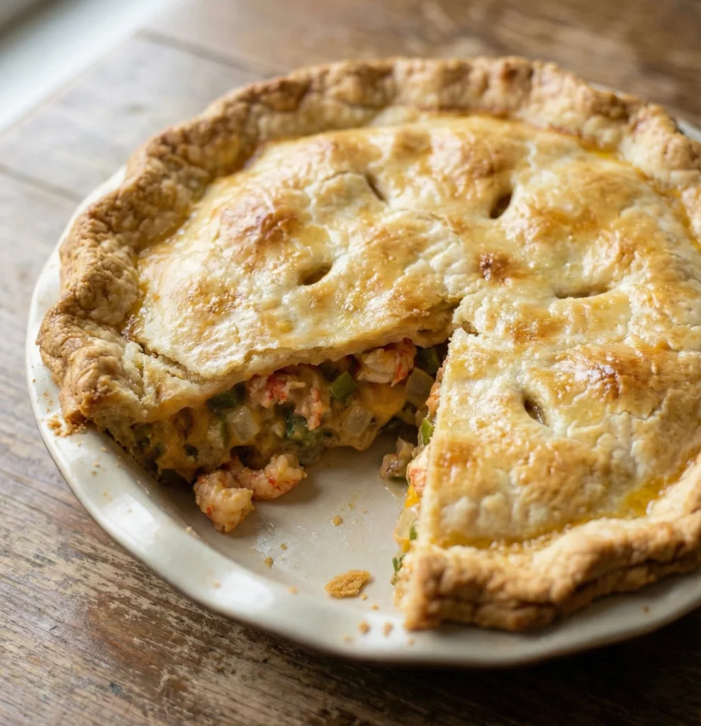 Whole crawfish pie with one slice removed showing creamy crawfish filling and golden flaky crust on white plate over wooden surface.