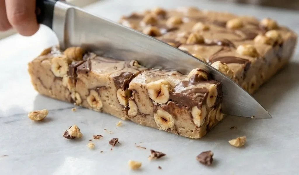 Slicing Hazelnut Chocolate Nougat into squares with knife on marble surface