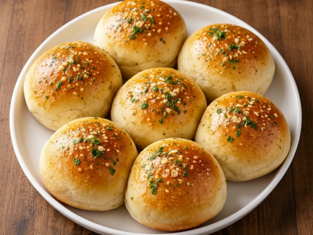 Homemade garlic bread rolls with golden butter glaze and parsley served on a white plate over a wooden table.