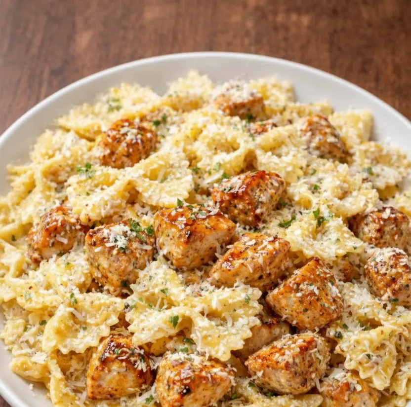 Easy garlic butter chicken pasta made with bowtie noodles and Parmesan cheese served on a white plate