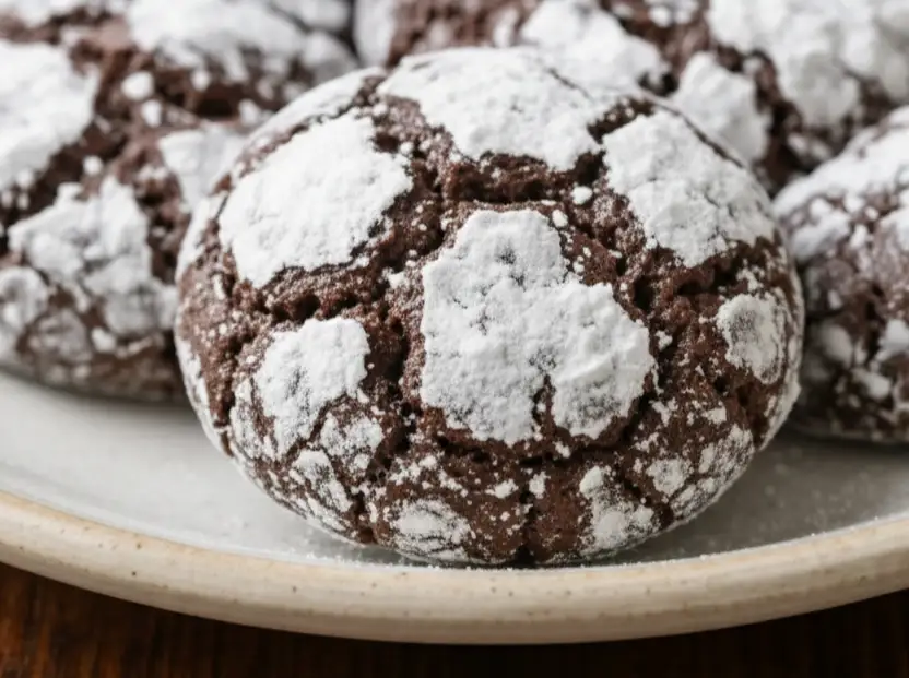 Close-up of a chocolate crinkle cookie with cracked powdered sugar coating on a ceramic plate