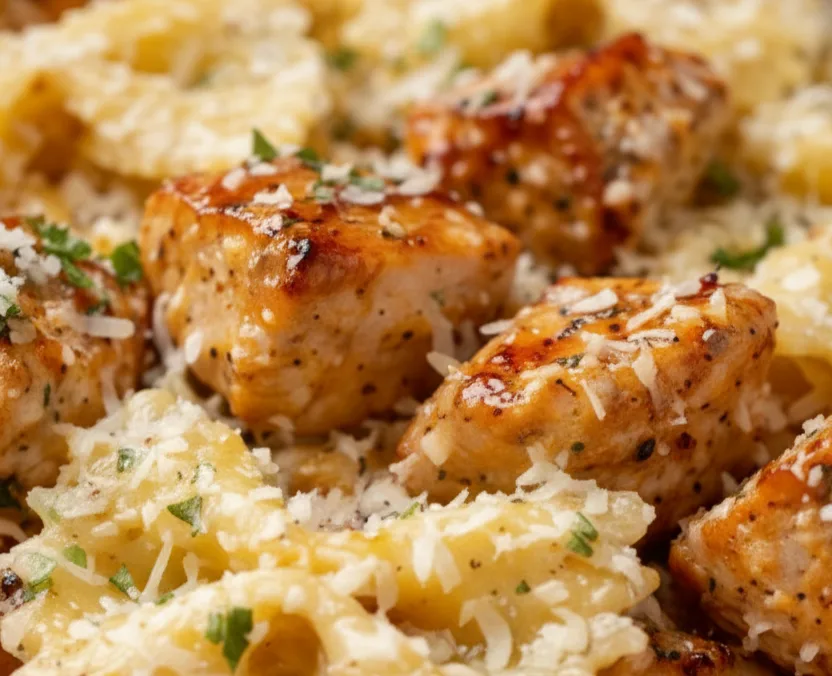 Close-up of garlic butter chicken pieces with cheesy bowtie pasta and grated Parmesan in a creamy sauce