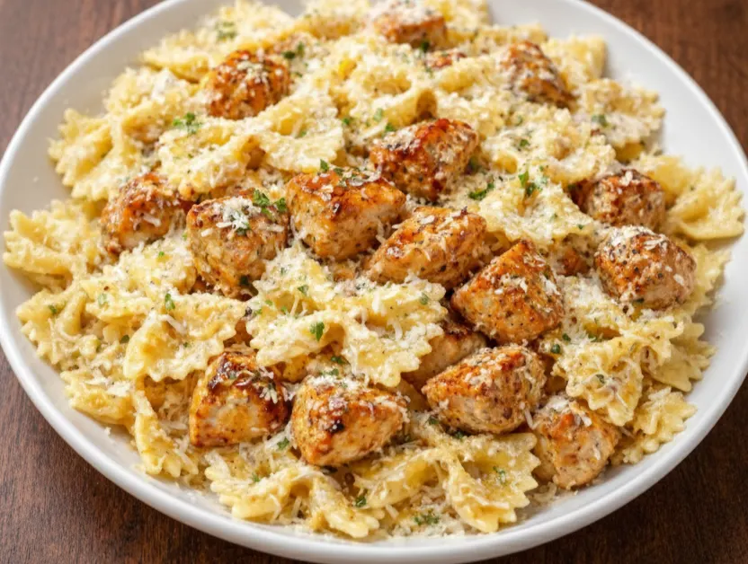 Garlic butter chicken with bowtie pasta served on a white plate with melted Parmesan and creamy sauce on a wooden table