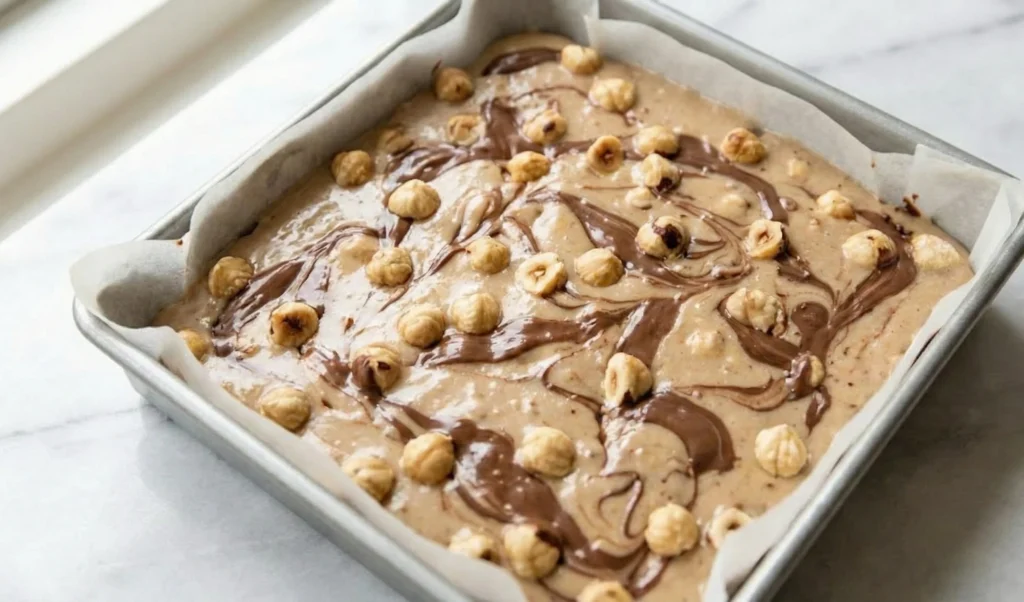 Hazelnut Chocolate Nougat mixture spread in parchment lined pan before setting