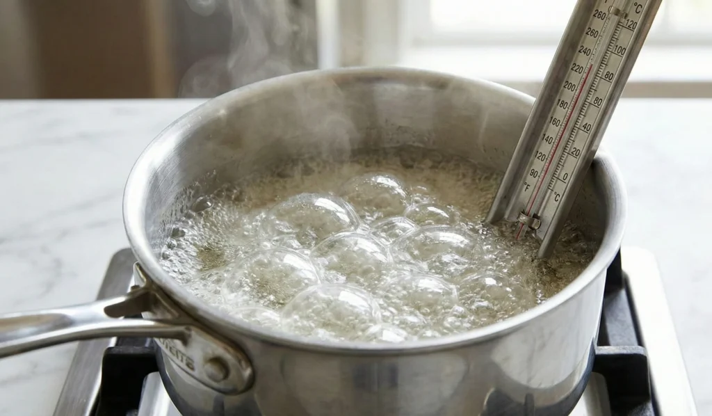 Sugar syrup boiling at 260°F on candy thermometer for Hazelnut Chocolate Nougat