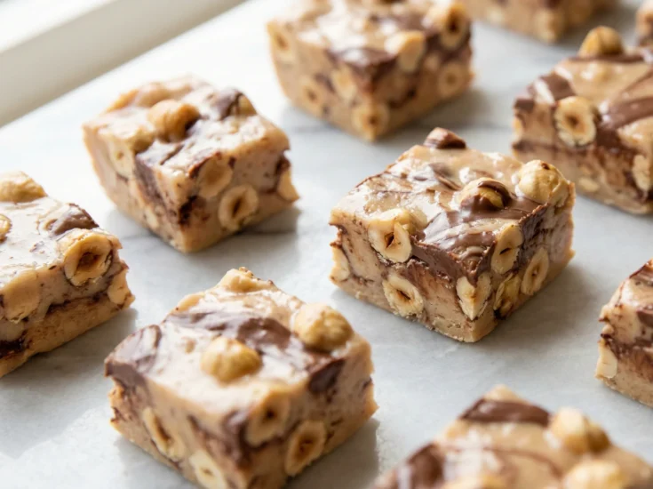 Hazelnut Chocolate Nougat squares arranged on parchment paper with visible whole hazelnuts