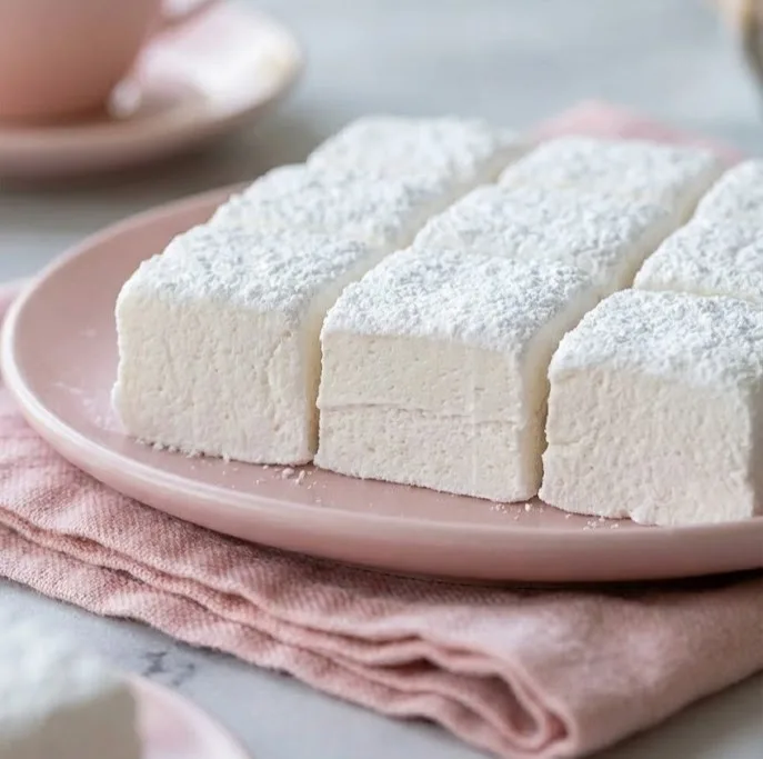 Homemade marshmallow squares dusted with powdered sugar arranged on pink plate