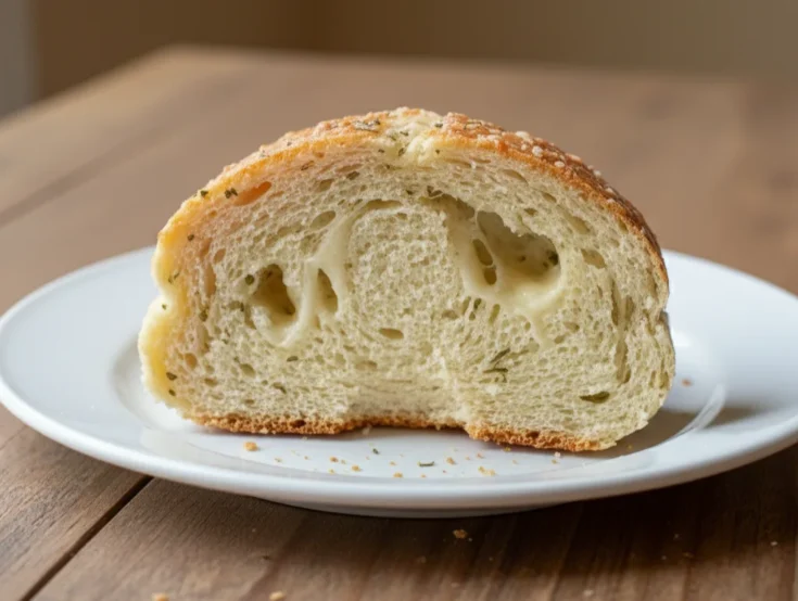 Close-up of Italian herb and cheese bread slice showing soft crumb and melted cheese pockets on a white plate