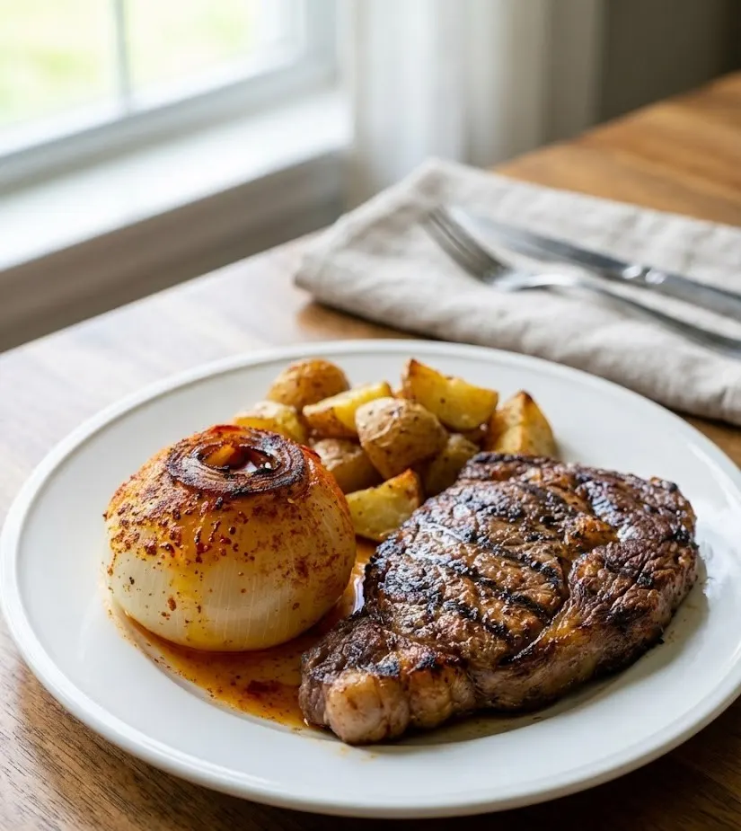 Oven baked onion boil recipe served with grilled steak and roasted potatoes