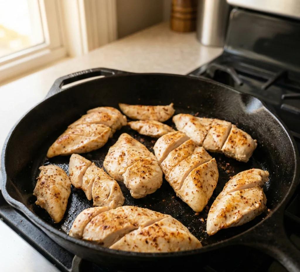 Seasoned chicken breast cooking in cast iron skillet for Pappadeaux Mardi Gras Pasta Copycat