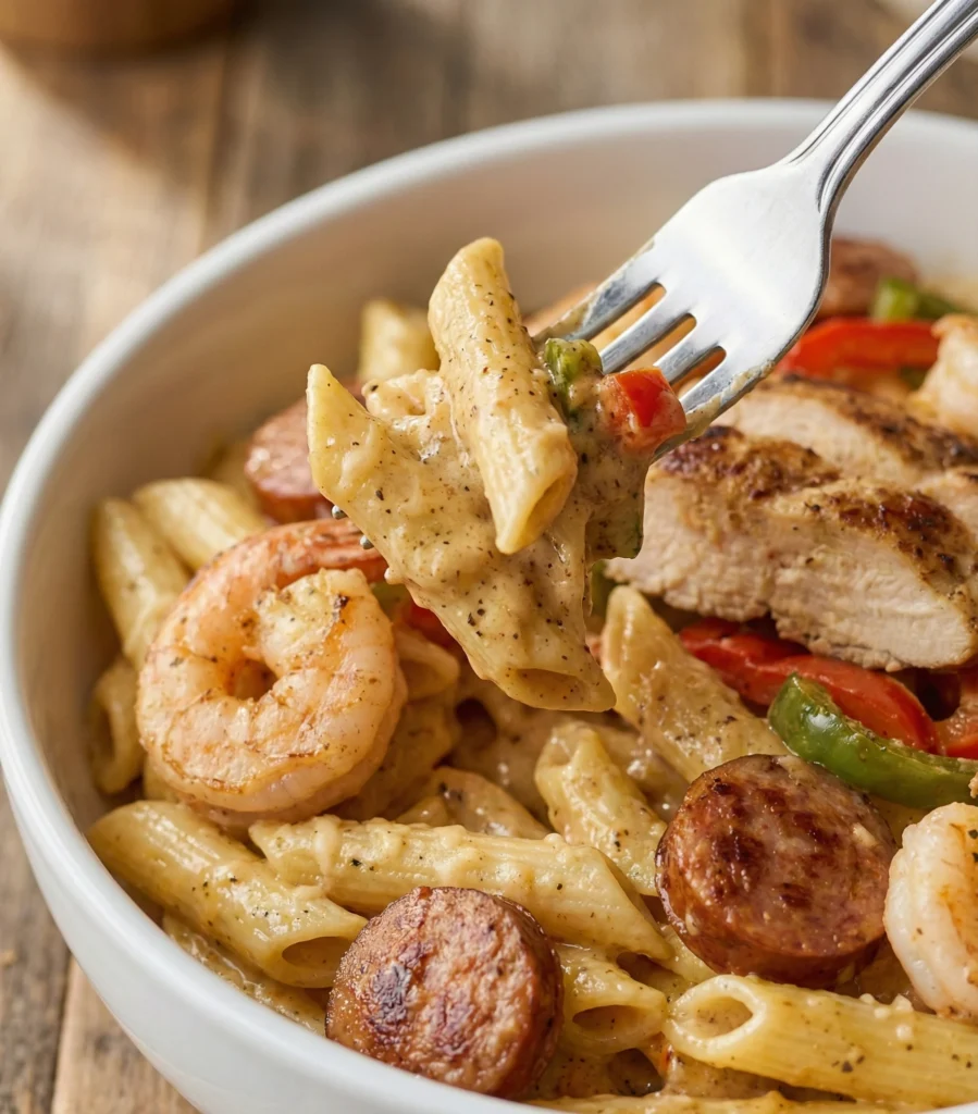 Fork lifting creamy Pappadeaux Mardi Gras Pasta Copycat with shrimp, grilled chicken, andouille sausage, and Cajun cream sauce